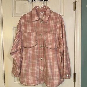 Pink And White Plaid With Rhinestones And Crystal Buttons Shacket/Jacket